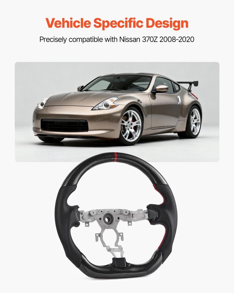 Steering Wheel for 2008-2020 Nissan 370Z, Carbon Fiber Steering Wheel D-Shaped Flat-Bottom, Leather Grip with Non-Slip Texture & Precise Stitching,