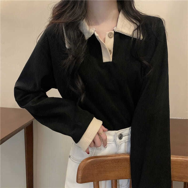 Knitwear Spring and Autumn Thin Models Lapel Positive Shoulder Tops Female Polo Shirt Thin Hundred Ins Long-sleeved Inner Take Tops