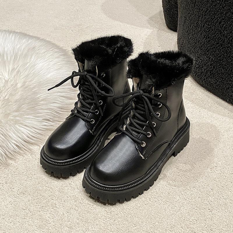Fashion Snow Boots for Women Female Shoes Winter Footwear Boots-Women Plush Round Toe Flat Heel Leather Lolita Ladies Med 2024 Fur