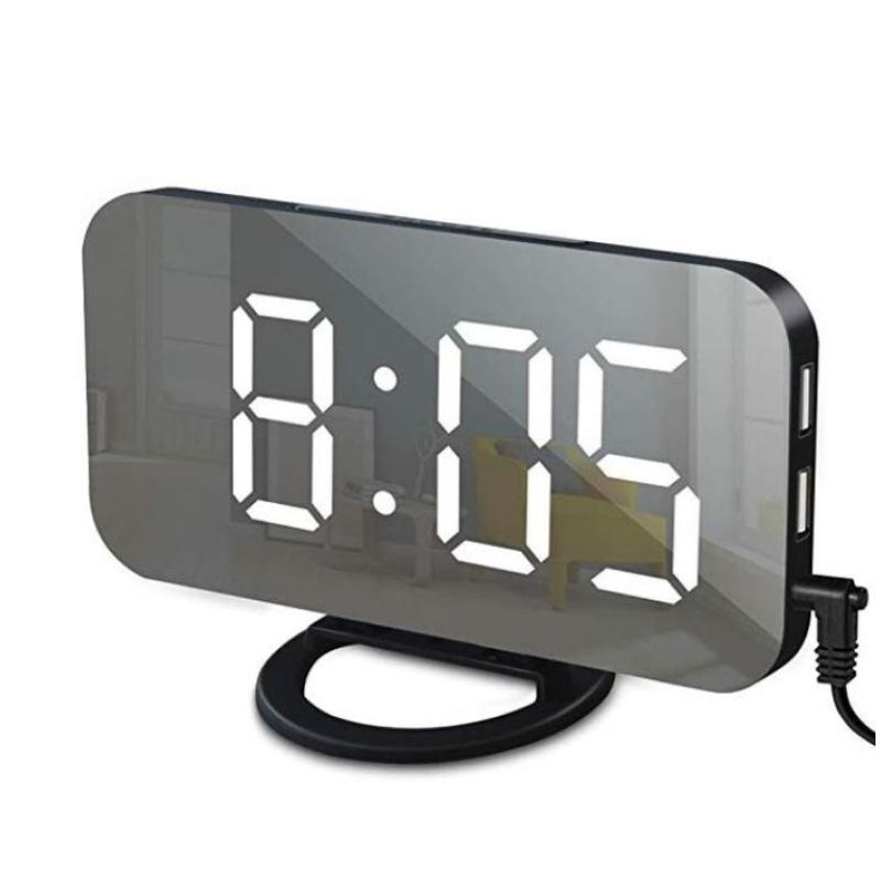 Digital Led Mirror Alarm Clock 2 Ports Usb Charger Snooze Function Adjustable Brightness Led Table