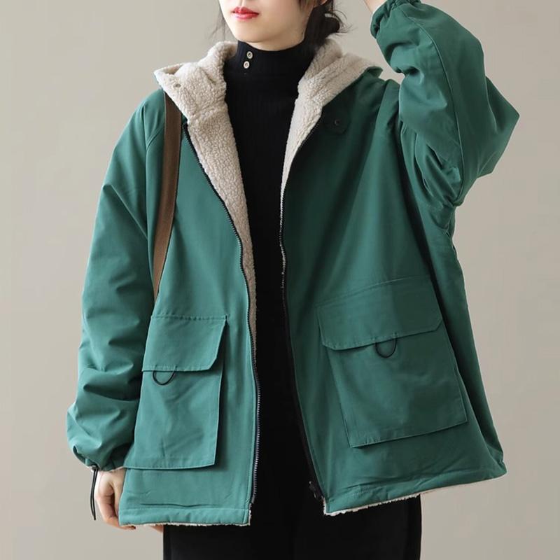 Women Wool Fleece Hooded Cotton-padded Jacket Coat Autumn Winter Women Clothes Patchwork Oversize Warm Fake Two Pieces Sweatshirt