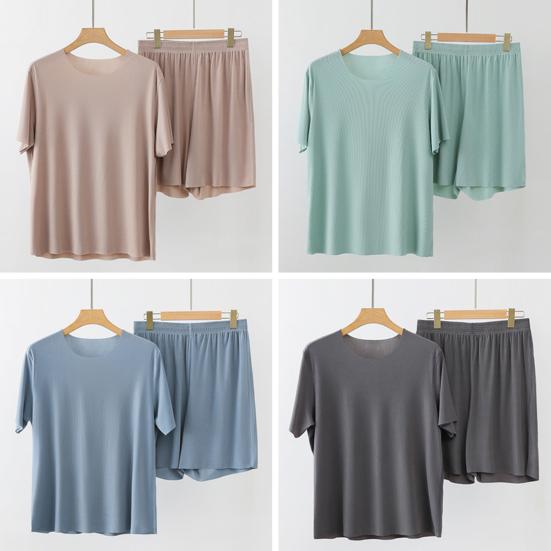 2Pcs/Set Men Loungewear O-Neck Short Sleeve Tops Elastic Waist Wide Leg Shorts Set Solid Color Ice Silk Homewear Seamless Pajama Set