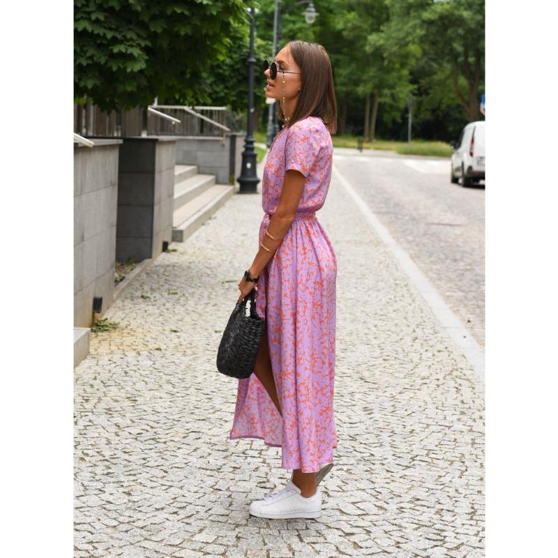 YYFS Женская мода лето весна цветочный узор принт с коротким рукавом V-образным вырезом с высокой талией повседневные платья