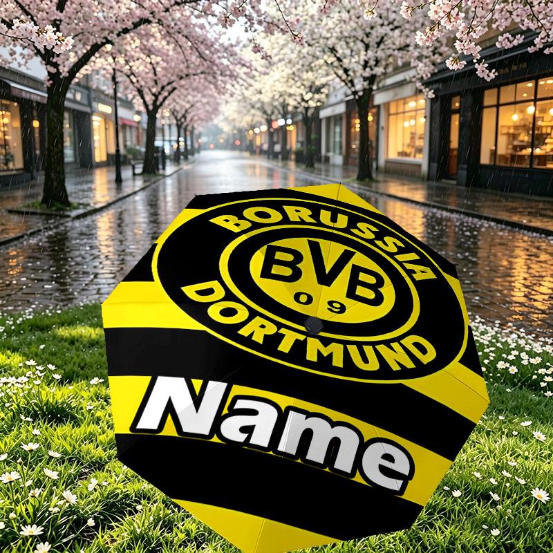 Custom Name Personalized Borussia Dortmund Print Umbrella, Auto Open Close, 8‑Rib Sturdy Frame, Commute Camping Hiking Use, Birthday Gift