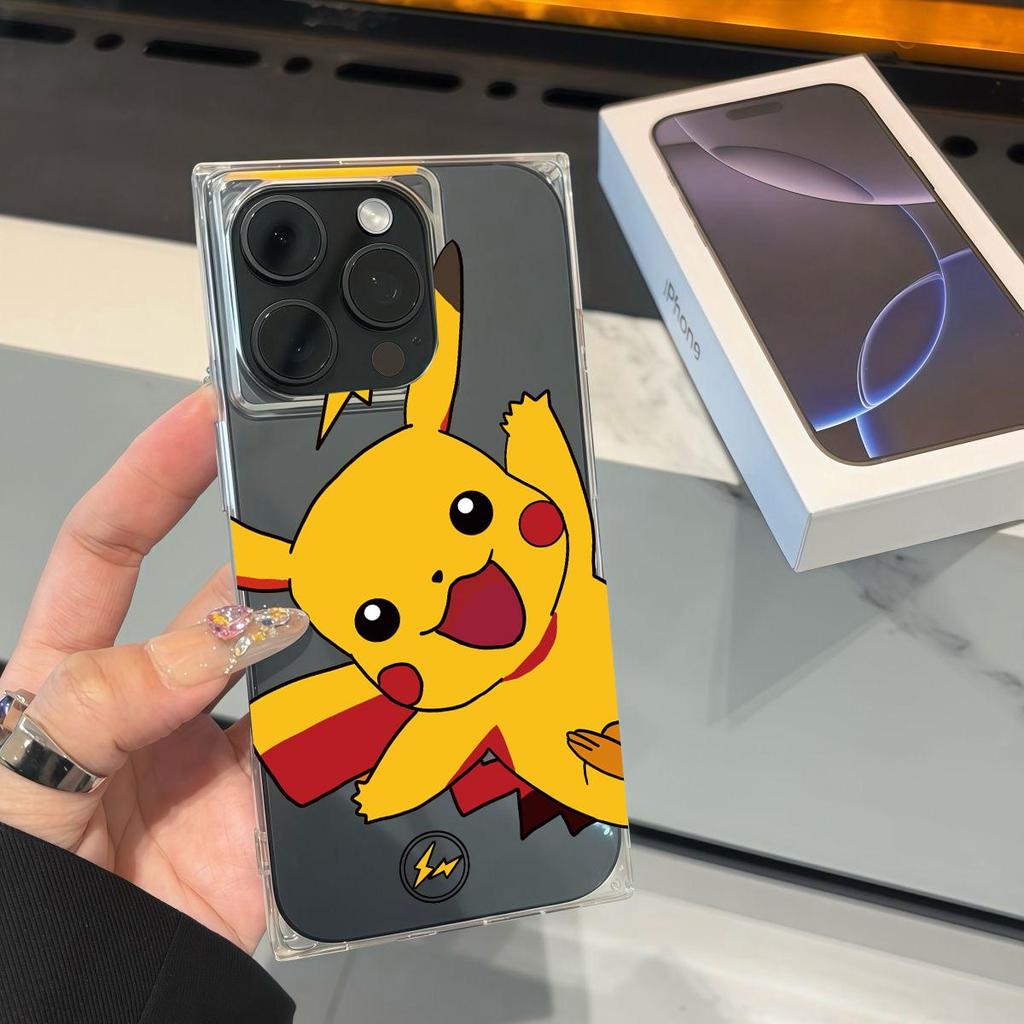 Clear Square Back Tube Case Protection For iPhone 16 ProMax 14 Pro Max 15 Plus 13 12 11 Anti-Oxygen,Cute Pikachu Pattern Casing