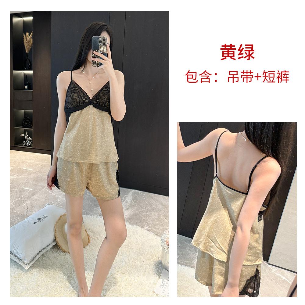 Maillard lace satin pajamas women's summer with chest pads, suspenders, shorts, loungewear set, sexy thin pajamas