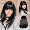 Black Straight Synthetic Wigs with Bangs Medium Length Natural Black Wig for Asian Girls Women Daily Heat Resistant