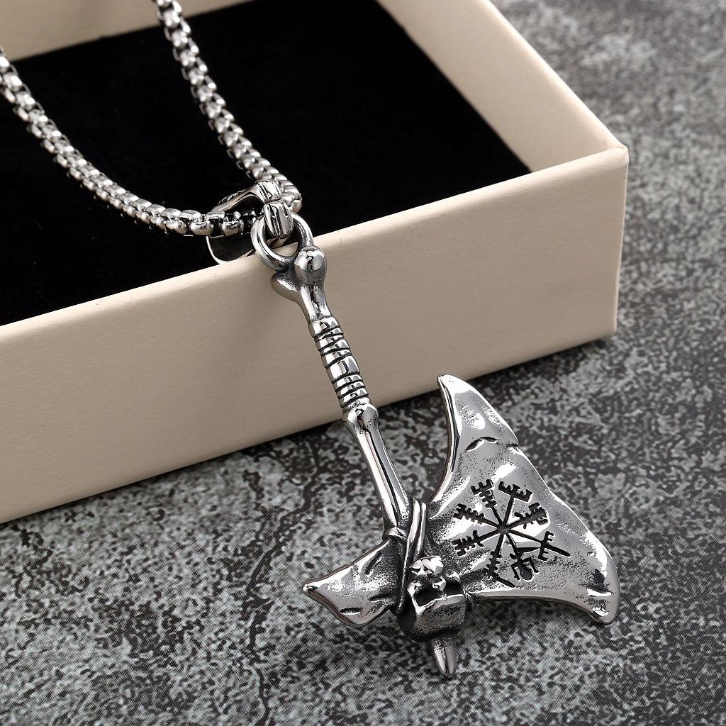 Vintage Stainless Steel Men's Viking Battle Axe Necklace Punk Style Pendant
