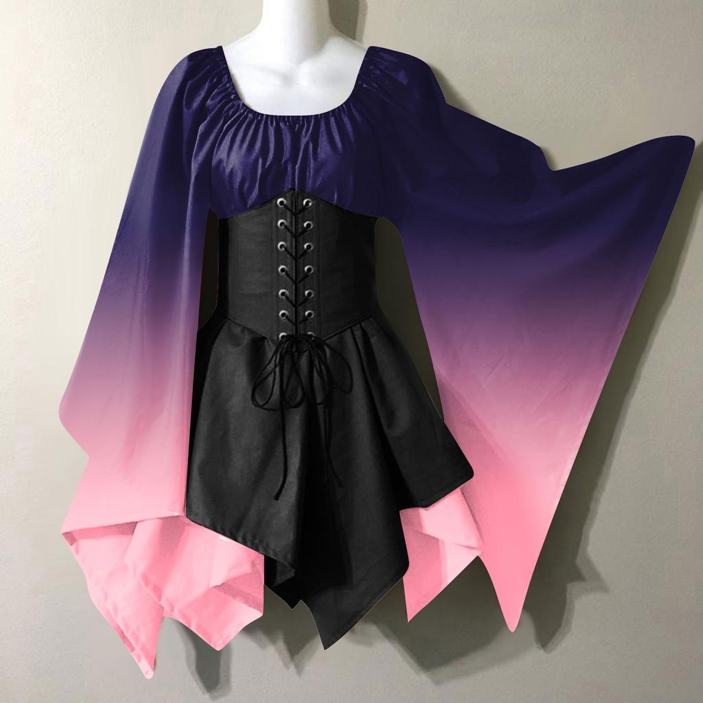 Women Fashion Long Sleeve Vintage Dress Cosplay Party Gradient Evening Night Formal Dress