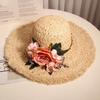 Women's Summer Floral Hand Woven Raffia Straw Hat French Style Wide Brim Sun Protection Hat Beach Vacation Sun Hat