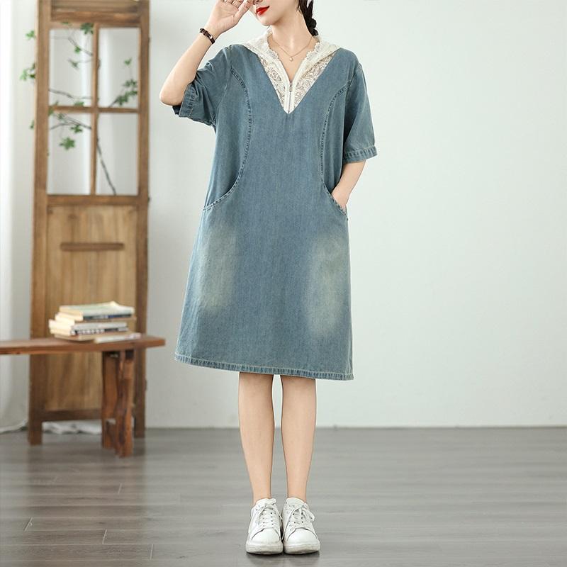 Короткий рукав Плюс размер джинсовая кружевная винтажная новинка в платьях для женщин повседневное свободное летнее платье миди