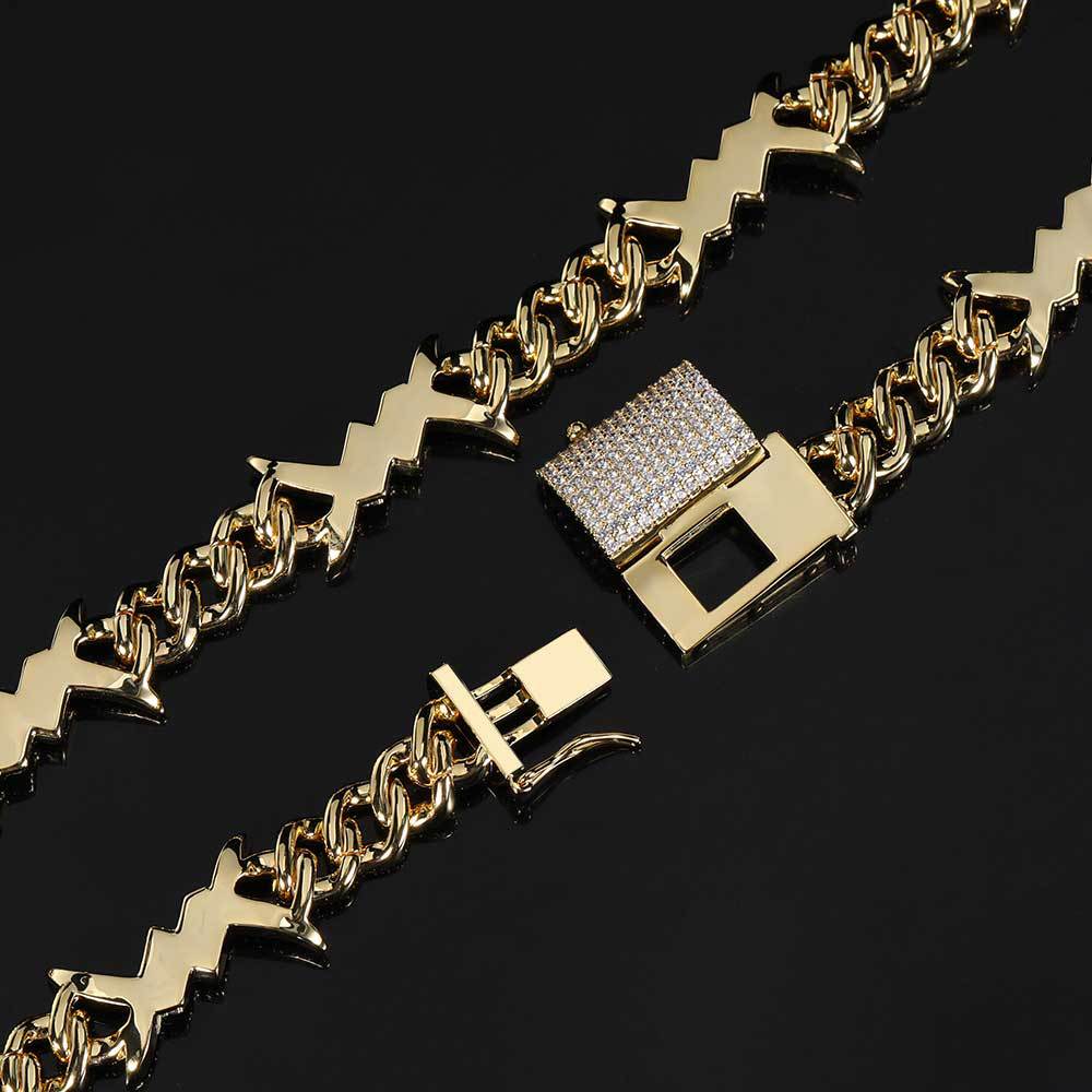 European Hip Hop Simple Personality Iron Wire Chain Zircon Cuban Link Chain Real Gold Electroplated Hiphop Thorn Bracelet Necklace