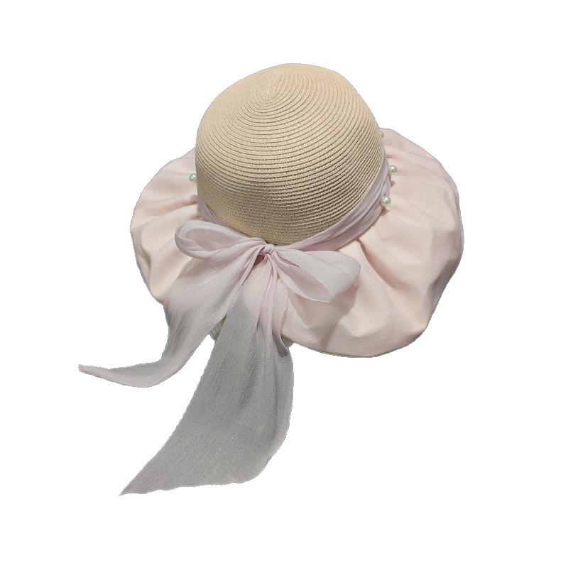New sun hat women's summer splicing straw hat fashion nail beads streamer bow going out travel hat