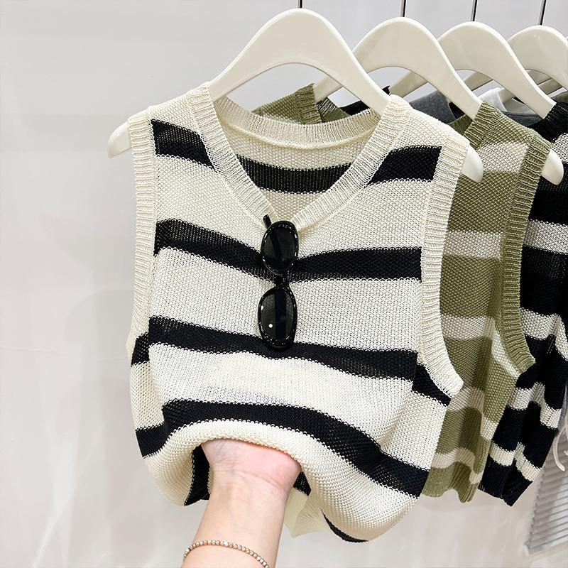 Майки женские летние 2025 года без рукавов с круглым вырезом в полоску черные трикотажные майки женские топы JJ297