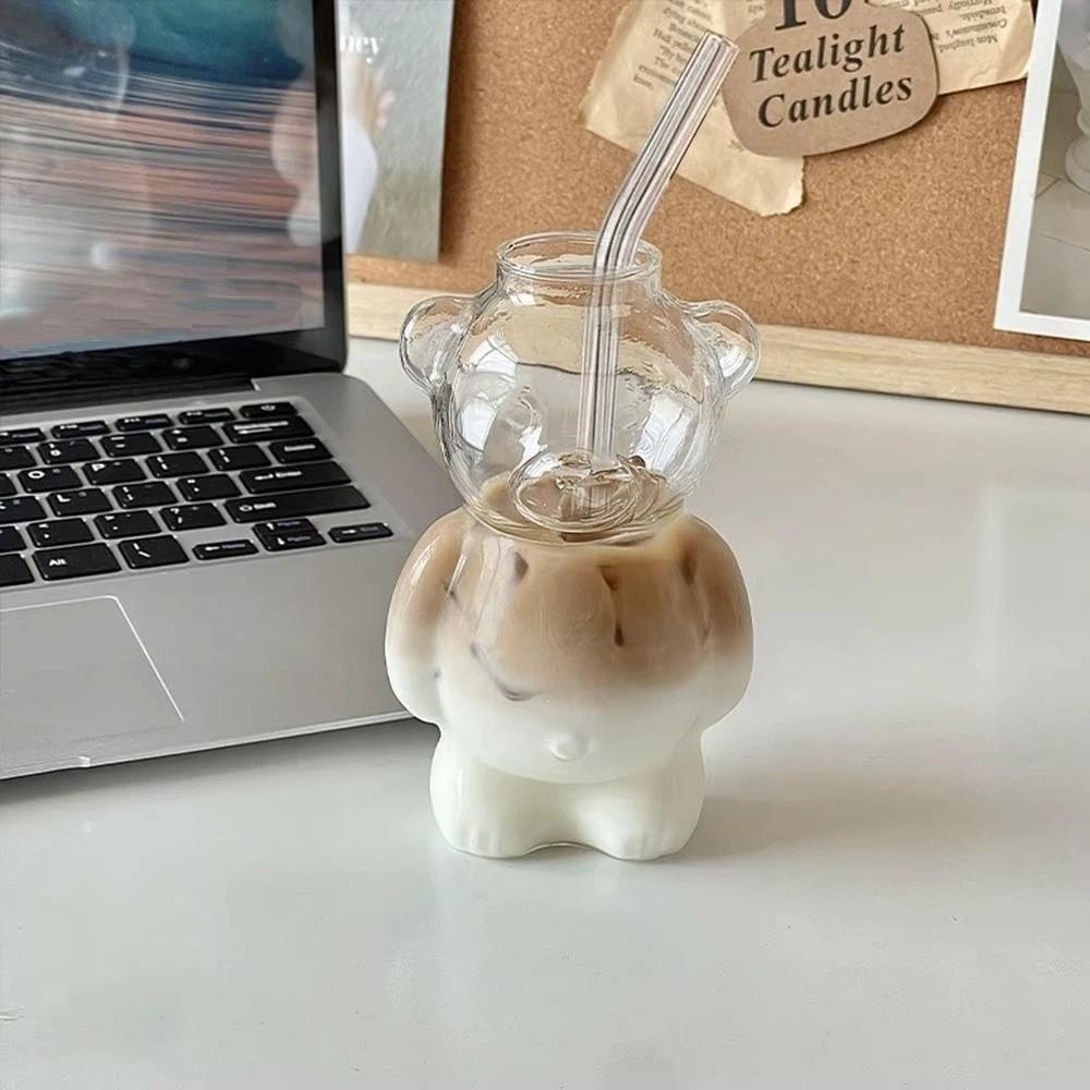 Transparent Bear Coffee Mug 320ML Milk Tea Straw Cup Multi-purpose Clear Bear Glassware Milk