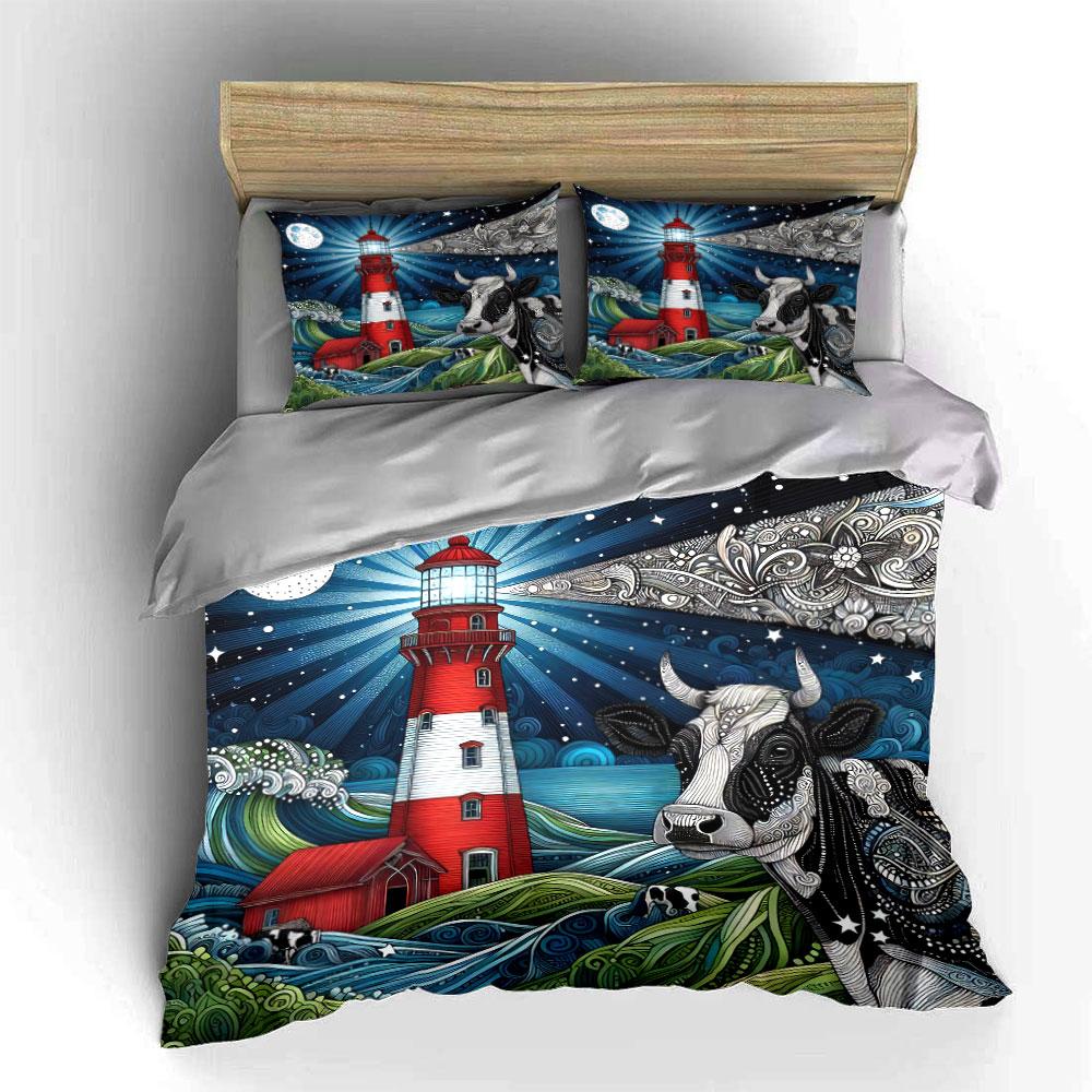"Artistic Lighthouse Cow Decoration Set" Bedding Set with 1 Duvet Cover 2 Pillowcases Single Double King Queen, Gift