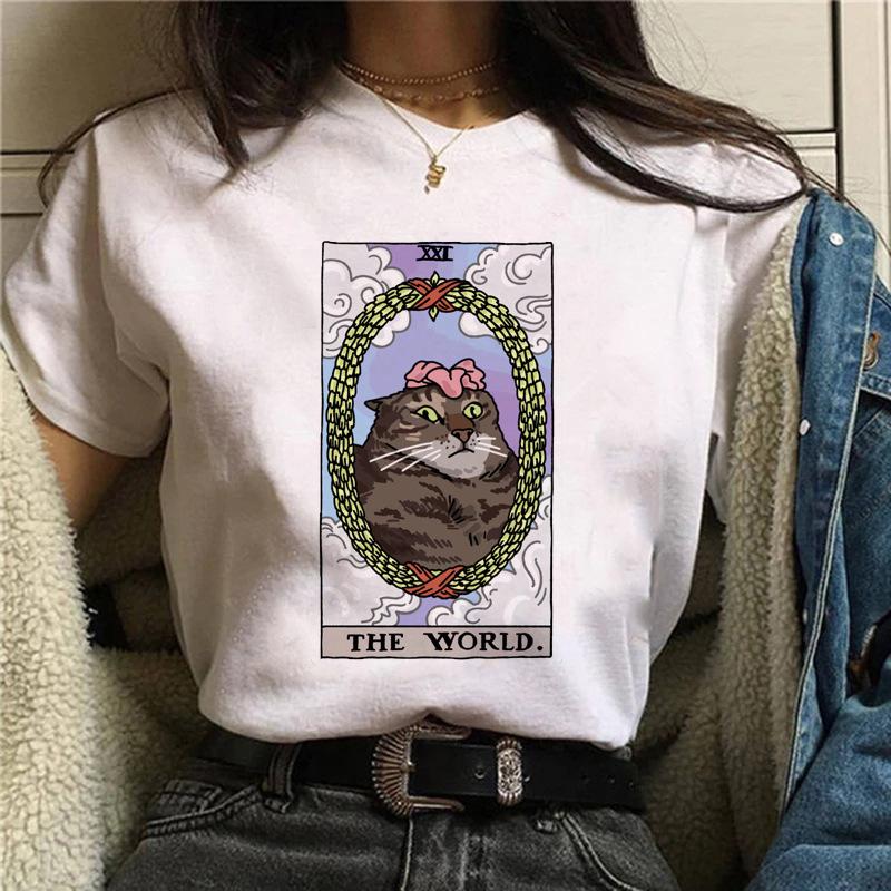 Tarot Cat Print Tshirt Summer Fashion Casual Womens Top Retro Style Graphic T Shirts Tops Harajuku Aesthetic Clothes