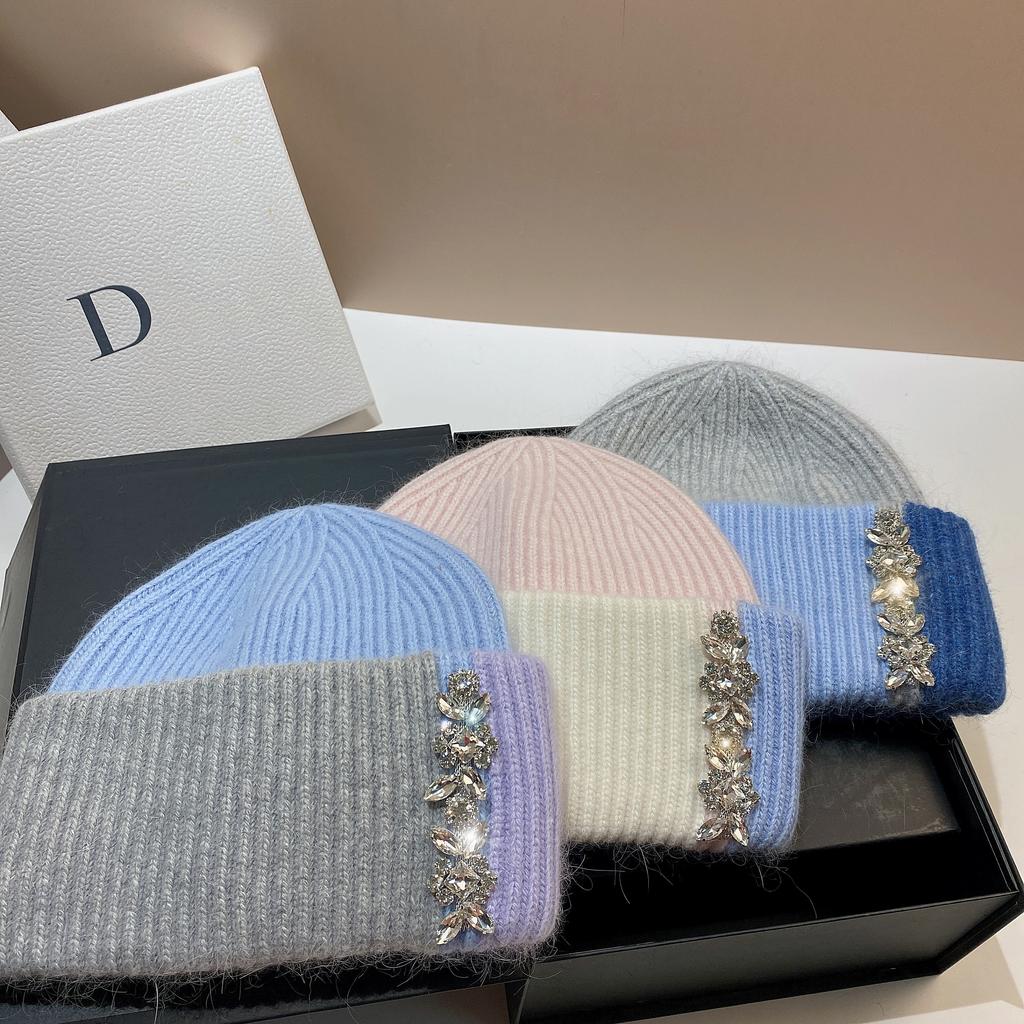 Мягкая шерстяная шапка со стразами в западном стиле, французская женская легкая роскошная вязаная шапка с кроличьим мехом, осенне-зимняя теплая кепка-пуловер