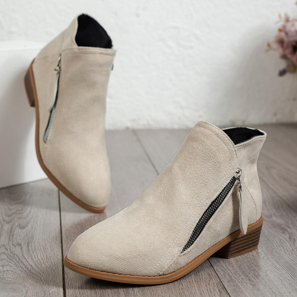 Модные женские ботильоны большого размера с острым носком на низком каблуке и боковой молнией, из реверсивной кожи, низкие, 2025 стиль