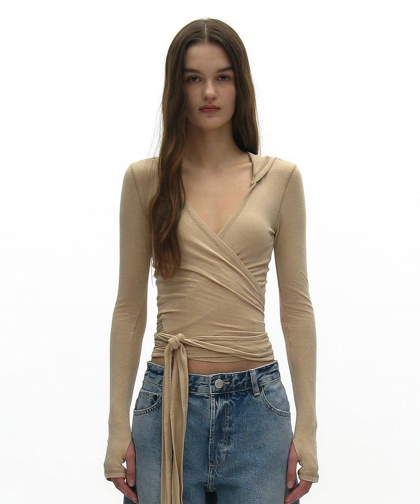 PARTIMENTO WOMEN Hooded Jersey Wrap Cardigan_Beige