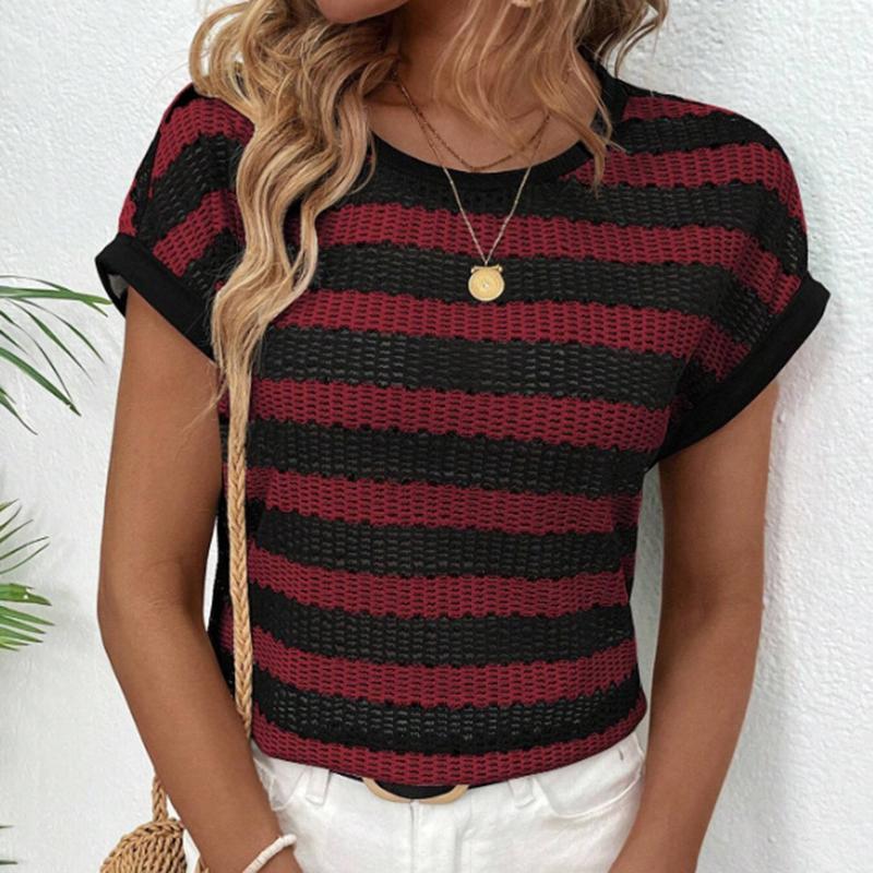 Женская летняя футболка с коротким рукавом, круглым вырезом, сетчатая в полоску, пуловер, топ