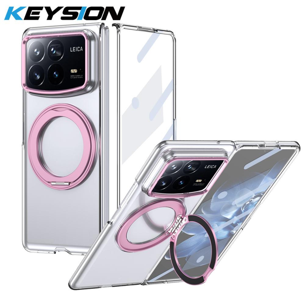 KEYSION Чехол-подставка с магнитным кольцом, вращающимся на 360°, для Xiaomi MIX Fold 4, прозрачная жесткая ПК-накладка для телефона со стеклянной защитной пленкой для экрана