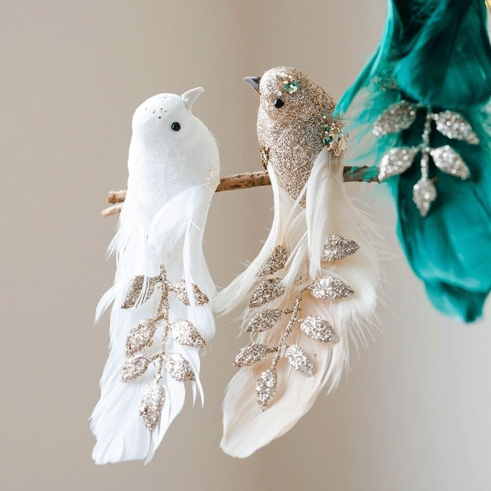 1pair Glitter Finish Artificial Bird Ornament Long Feather Tail Simulated Bird Decor Christmas Tree