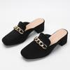 Fashion Brand Metal Chain Mules Shoes Ladies Wide Fit Slippers Med-High Heels Woman Wedges Slides Home Pantuflas Cover Toe Flock Sandals