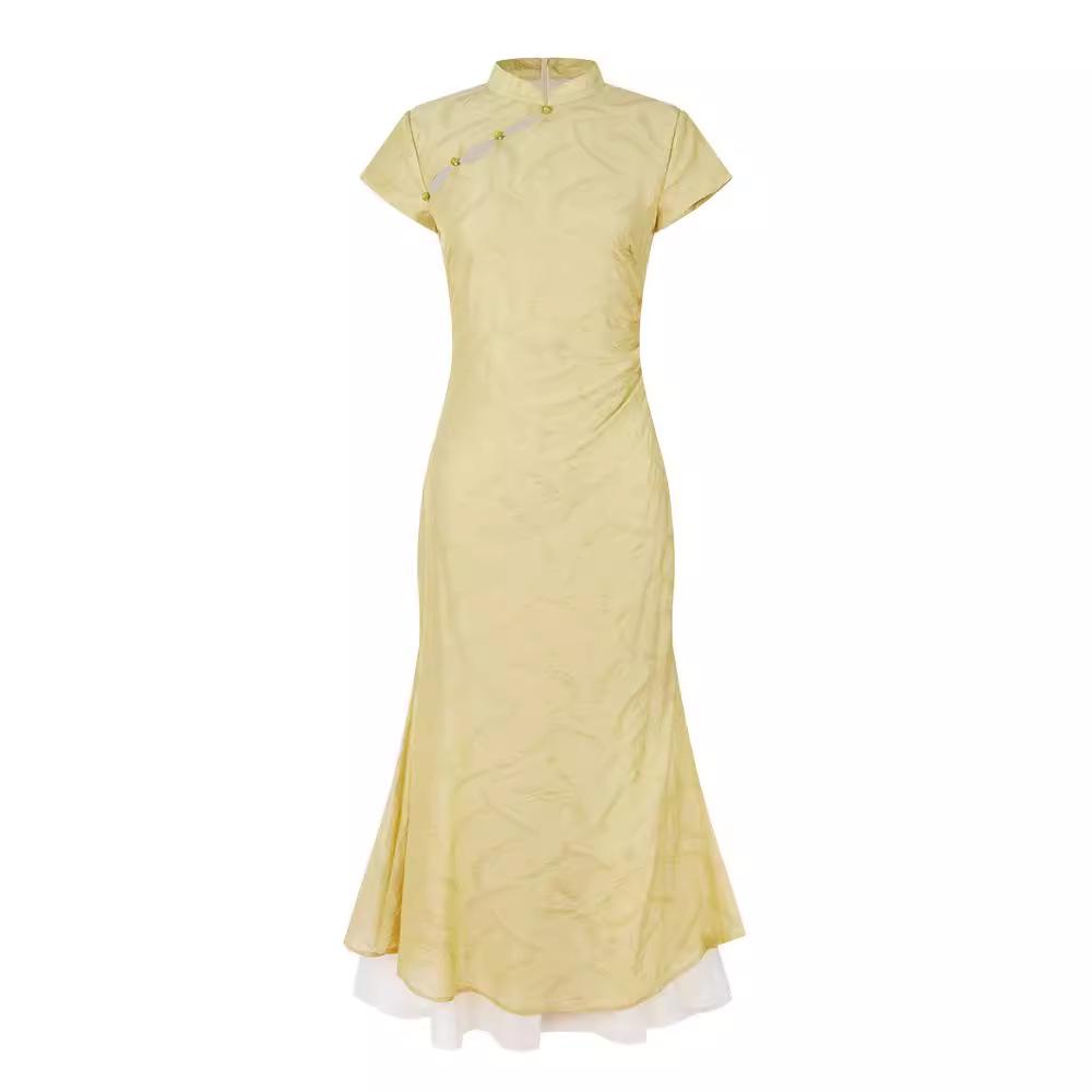 Ретро китайское ципао со стойкой: Пошаговое платье-слим с лотосом