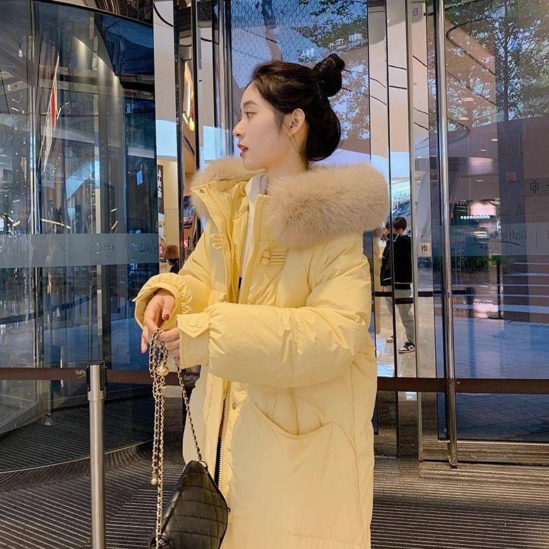 Длинное хлопковое пальто с капюшоном и длиной выше колена для женщин, зимнее пальто с большим меховым воротником, толстое хлопковое пальто, трендовые парки, куртки