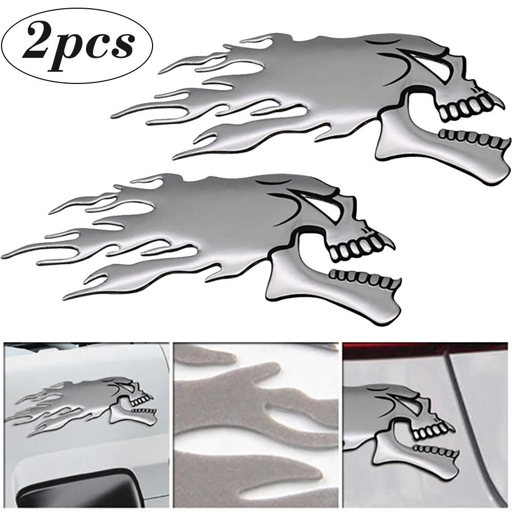 Motorbike Motorcycle Tank Car Sliver Flaming Skull 3D Gel Sticker Decal L/R Pair