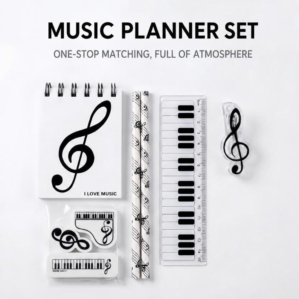 7/8Pcs Musical Theme Pencil Erasers Piano Treble Clef Print Ruler Pocket Notebook Students