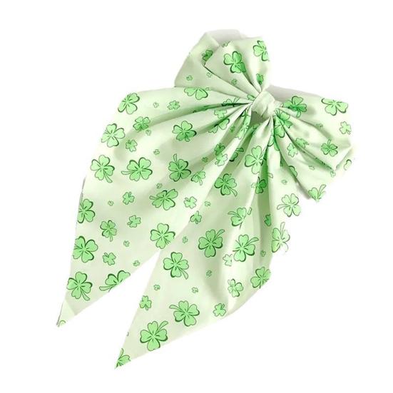 Заколка для волос из зеленой ленты с бантом и узором в виде четырехлистного клевера, пружинная заколка для затылка, заколка для волос в милом стиле