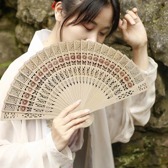 Wooden Folding Fan Chinese Style Hollow Ribs Portable Summer Hand Held Fan Decoration