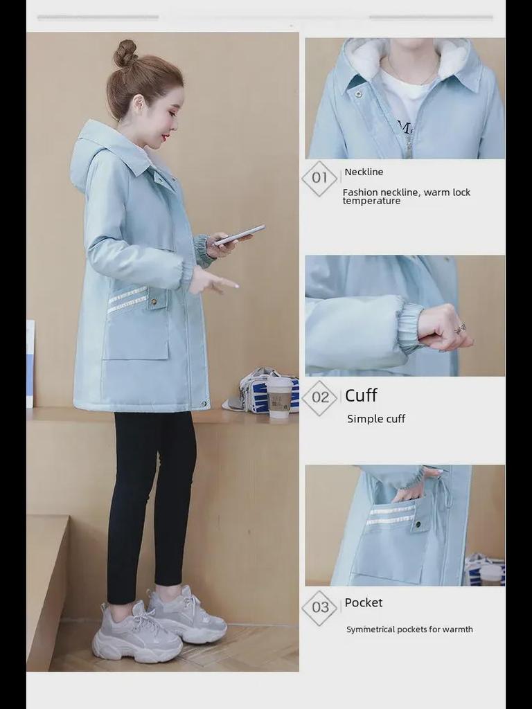 Женская облегающая ветровка с капюшоном - плюшевая и утолщенная, мода осень/зима 2023, средняя/длинная длина