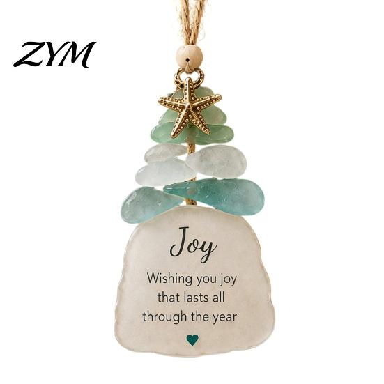 Sea Glass Christmas Decor Tree Ornament, Seaglass Art Hanging with Starfish Charm, Acrylic Ornaments Peace Love Joy Faith Family Friends Hope Pendant