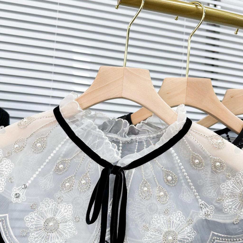 Hot Selling Ruffled Bow Tie Lace Collar with Beaded Detail for Women