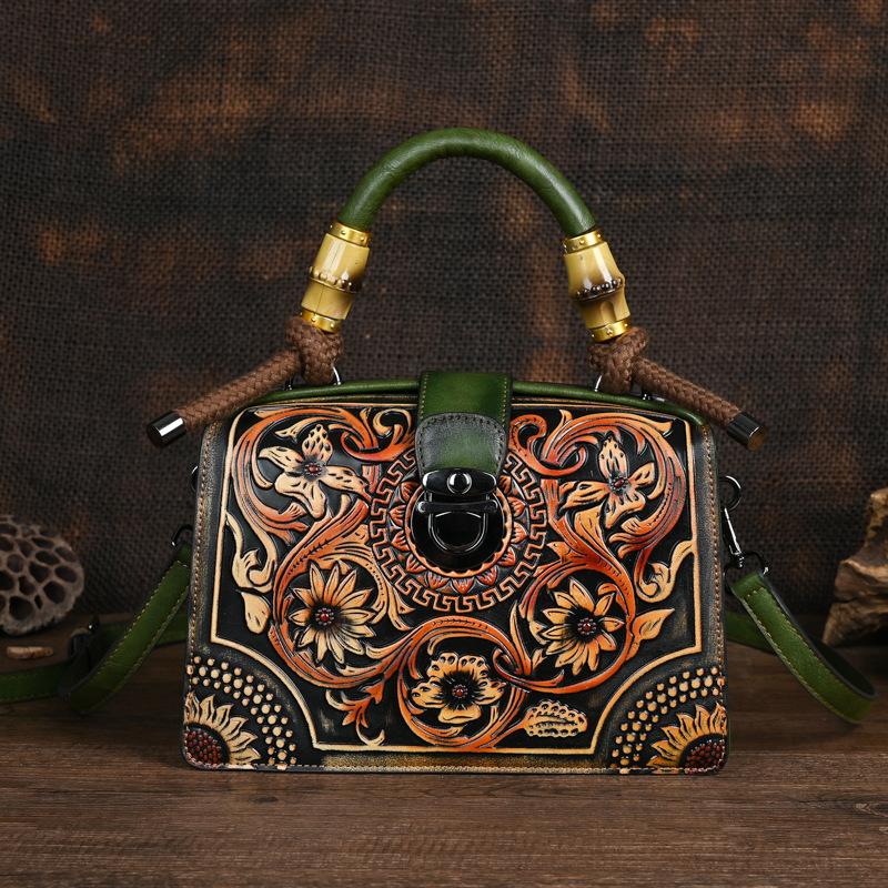 Vintage Luxury Handbag Handmade Leather Carved Women Bag Versatile Female Shoulder & Crossbody Bags