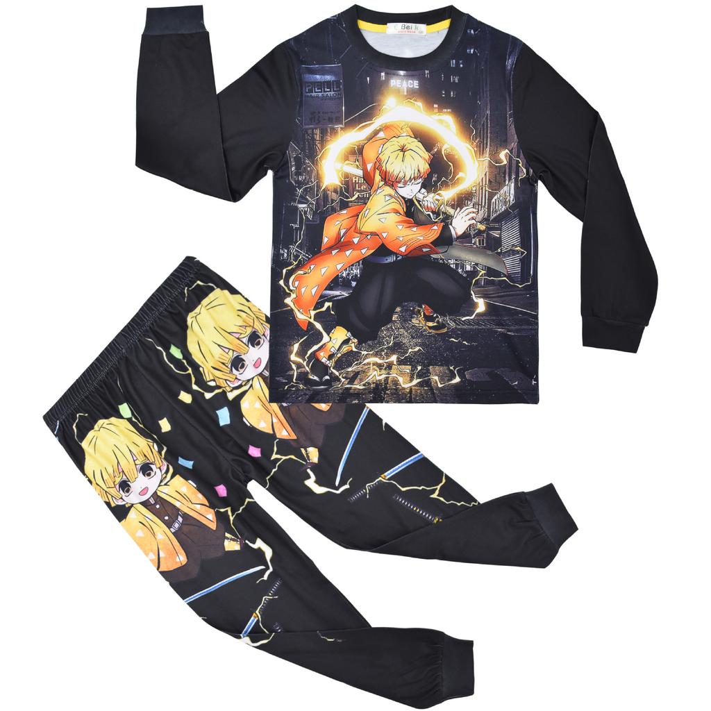 Детский мальчиковый аниме мультяшный принт Demon Slayer футболка с длинными рукавами топ брюки одежда комплект