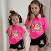 Two-piece casual short-sleeved shorts suitable for girls aged 4-12, rose red round neck T-shirt, all-match