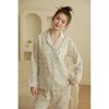 1011 Spring New Product Cotton Double Gauze Small Fresh Blue Rhombus Printed Lapel Lace Long Sleeve Loungewear