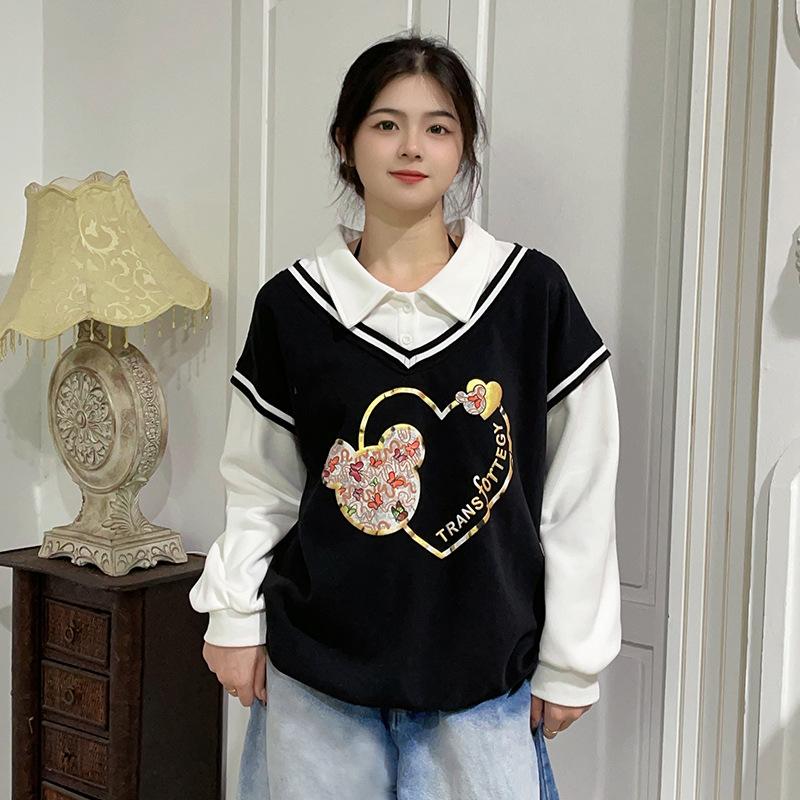 Plus Size Women's Long Sleeve Pullover College Style POLO Collar Sweatshirt Spring and Autumn Blouse