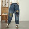Джинсы гаремы женские в корейском стиле осенне-весенние, эластичная талия, вышивка мультяшного персонажа, джинсовые брюки, элегантные милые женские джинсы