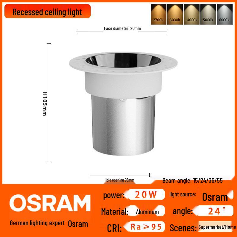 OSRAM Aluminum COB Wall Washer: High-Brightness Ra95 Recessed LED Ceiling Light