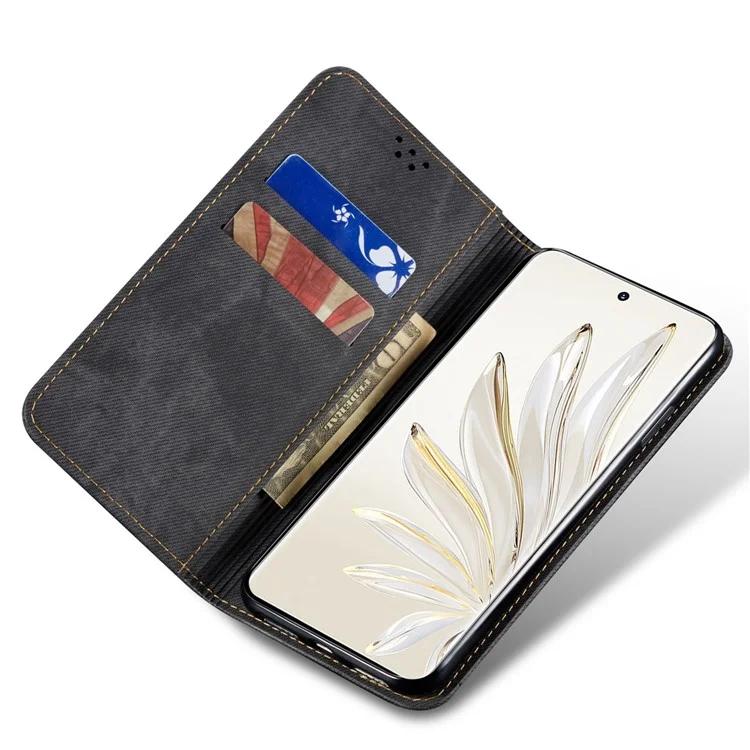 Для Honor X40 5G противоударный кожаный джинсовый чехол с текстурой ткани и подставкой-кошельком