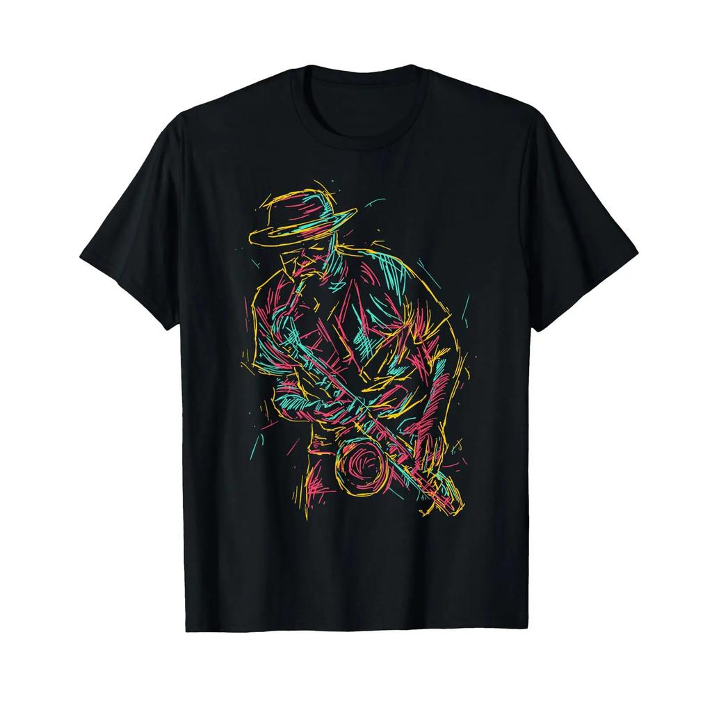 Saxophone Player Idea Abstract Art T Shirt Black Vintage Comfortable Top For Everyday Wear Fashion Stylish