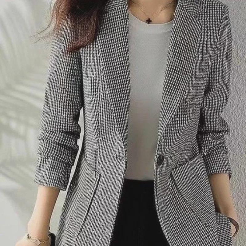 Women's Houndstooth Suit Jacket - 2024 Spring/Fall Casual Plaid Blazer for Middle-Aged Women