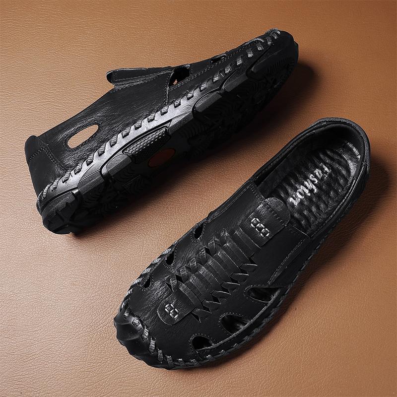 2025 Summer Casual Shoes Men Hollow Breathable Handmade Leather Sandals Designer Shoes Male Solid Color Daily Shoes Man