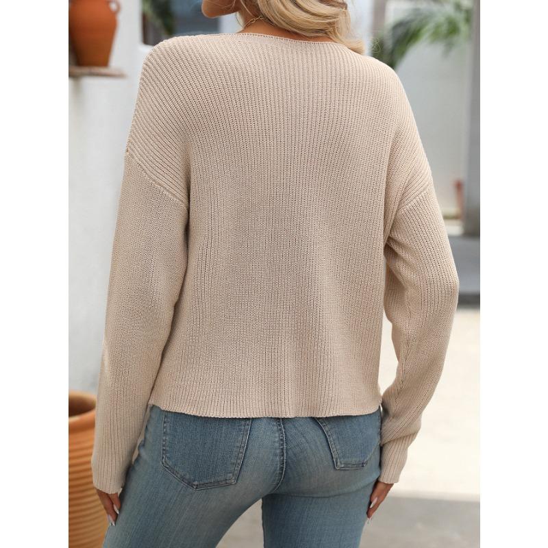 Осенний женский свитер с круглым вырезом и карманами, украшенный сверху и длинными рукавами