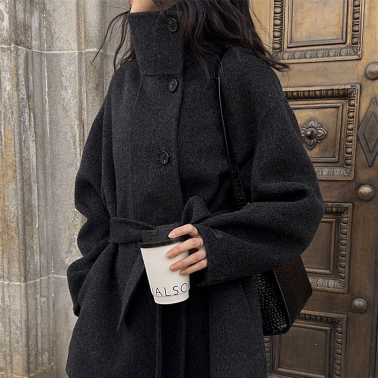 Женское черное двустороннее шерстяное пальто - Маленький размер, короткое, со стойкой для осени/зимы